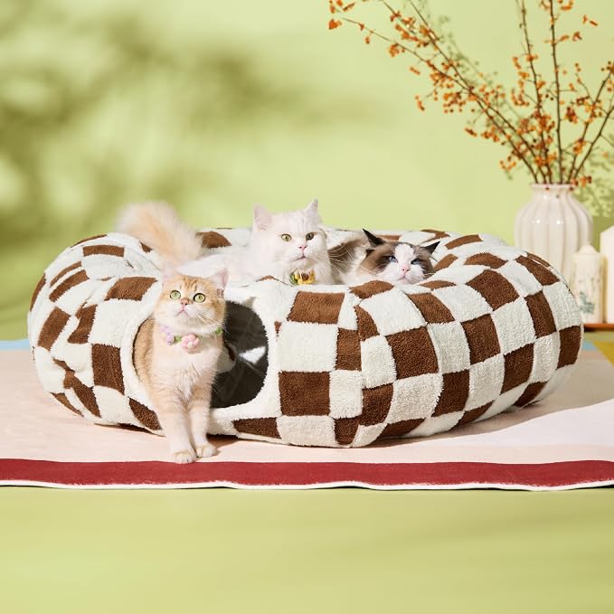 Lesure Large Cat Tunnel Bed - Cute Donut Bed for Indoor Cats with Washable Circle Cushion, Round Pet Peekaboo Cave Toy for Multi Kitten/Puppy/Rabbit, Large Brown Checks