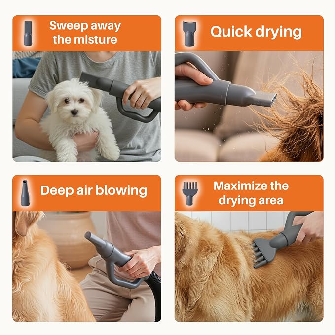 NEWBULIG Dog Hair Dryer, 1550W High Velocity Pet Blow Dryer with Heater for Grooming, Speed Temperature Adjustable Dog Blower Grooming with 4 Nozzles, Grey