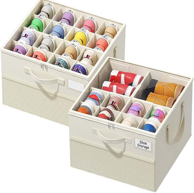 NestOrganix 2 Pack Shoe Organizer for Closet, Large Shoe Box Storage Containers, Foldable Shoe Storage Organizer Box Bin with Adjustable Dividers and Clear Cover, Space Saving Shoes Holder, Beige