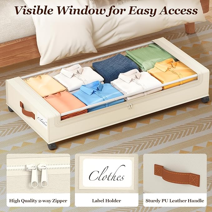 Yecaye 70 L Under Bed Storage with Wheels, 3 Pack Larger Capacity Under Bed Storage Containers, Underbed Shoe Storage Organizer, Rolling Under Bed Metal Drawers for Clothes, Blankets, Beige