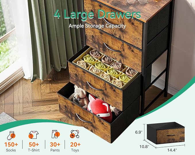 AODK Small Dresser for Bedroom with 4 Storage Drawers, Vintage | Dressers Chest of Drawers Fabric Dresser with Sturdy Steel Frame, Dressers for Closet with Wood Top