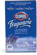 Clorox Fraganzia Fabric Softener Dryer Sheets Wrinkle Reducing Anti Static Laundry Dryer Sheets Great Smelling Clothes Softens Fabrics Lavender with Eucalyptus Scent 80 Count Home Dorm Laundry Room