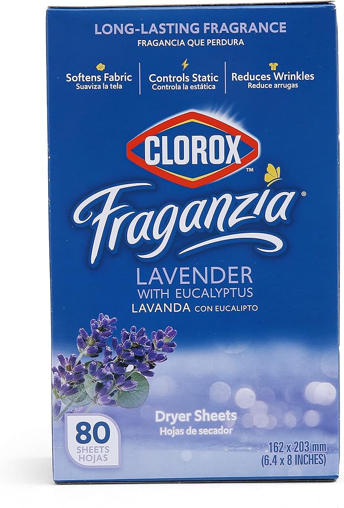 Clorox Fraganzia Fabric Softener Dryer Sheets Wrinkle Reducing Anti Static Laundry Dryer Sheets Great Smelling Clothes Softens Fabrics Lavender with Eucalyptus Scent 80 Count Home Dorm Laundry Room