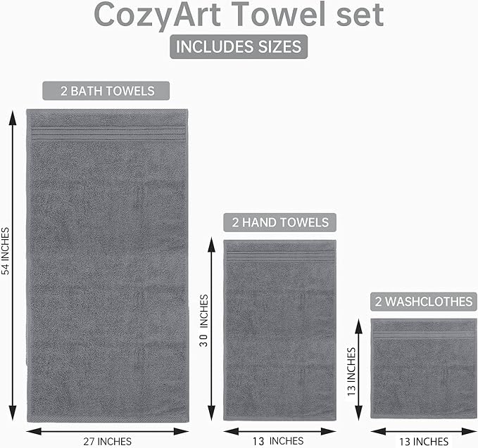 COZYART Luxury Bath Towel Set 6 Pcs, Grey 100% Turkish Cotton 650 GSM | OEKO-Tex 100 Certified Zero Twist Ring Spun, Soft Absorbent Quick Dry, Plush Fluffy, Breathable Hotel Quality for Daily Use