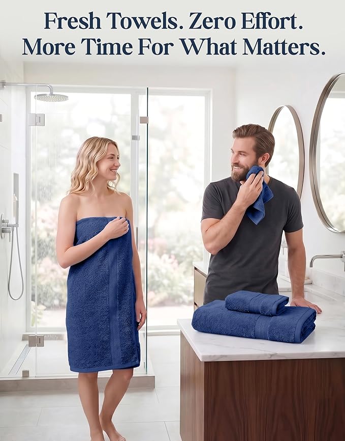 LANE LINEN Bath Towel Set Absorbent Quick Dry 100% Cotton 6 Piece - Navy | Cotton Towels For Bathroom - OEKO-TEX Certified, Ring-Spun Durability, Ring-Spun Cotton, Terry Weave Comfort