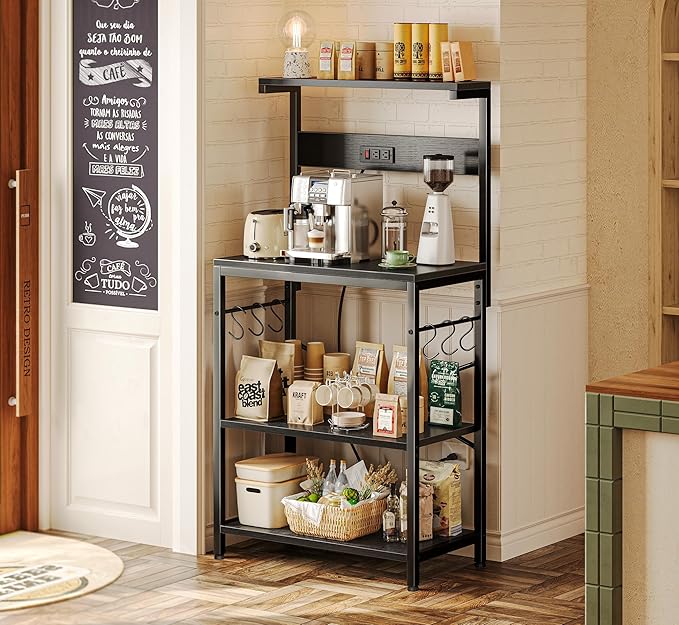 SUPERJARE Kitchen Bakers Rack with Power Outlet, Coffee Bar Table 4 Tiers, Kitchen Microwave Stand with 6 S-shaped Hooks, Storage Shelf Rack for Spices, Pots and Pans - Black
