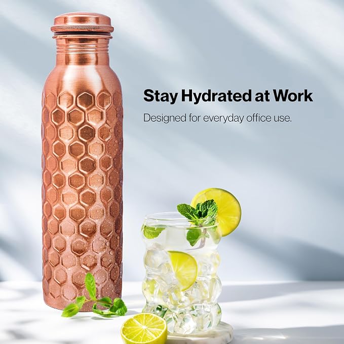 Copper Water Bottle 32 Oz Extra Large, Real Copper Drinking Bottle, Honeycomb Ayurvedic Bottle for Drinking Water, Leak Proof Vessel with Cleaning Brush, Home Office Use