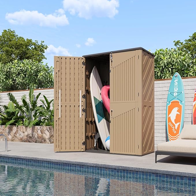 Aoxun Outdoor Storage Shed with Floor, 64 Cu.Ft Outdoor Storage Cabinet | Large Waterproof Vertical Resin Shed for Garden Tools, Pool Equipment, Brown