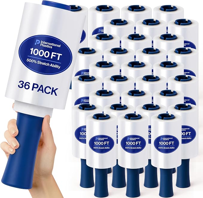 International Plastics Co. 5" Plastic Stretch Film Wrap with Rotating Handle 1000 feet 500% Stretch Ability (36 Pack, 5" Spinning Handles)