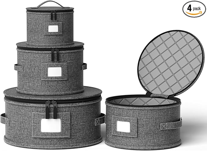China Storage Containers,4 Piece Set,Hard Shell Moving Boxes for Dishes,Plate,Dinnerware,Saucers Quilted Organizer Dividers for Packing Fine China Storage Containers,Grey