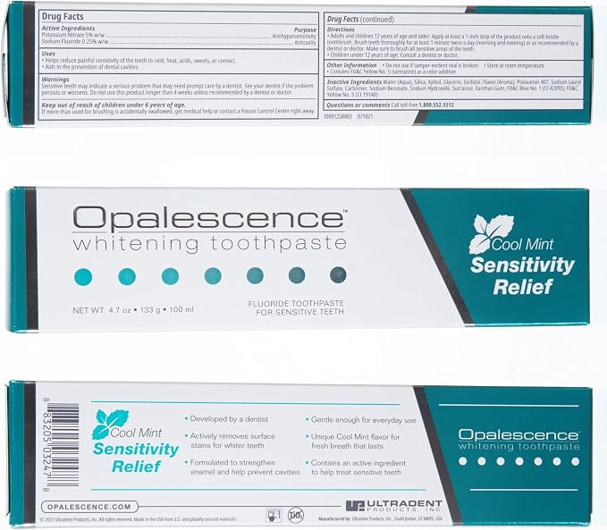 Opalescence Whitening Toothpaste for Sensitive Teeth, Mint (6 Pack) 5167-6 | 4.7 oz Toothpaste With 5% Potassium Nitrate and Fluoride to Help Relieve Sensitivity, Strengthen Enamel, and Remove Stains