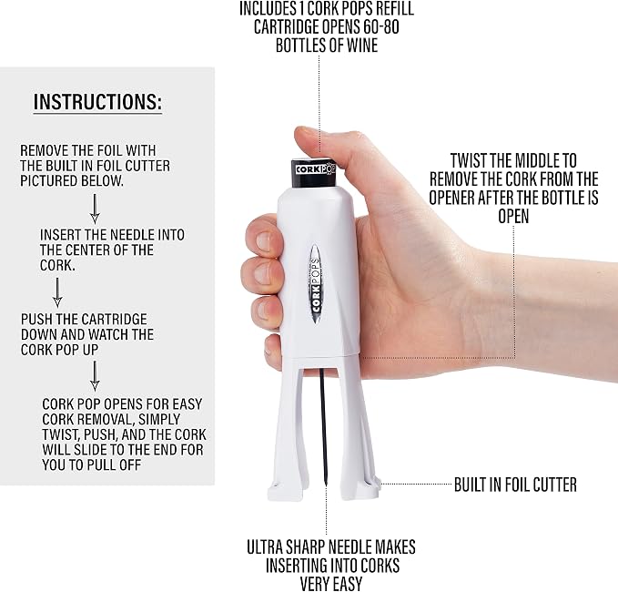 Cork Pops Legacy Wine Opener Built-in 4-Blade Foil Cutter Safe Cork Removal, Effortless Push Button Use, Needle Guard for Safety, Low-Pressure Cartridge Opens Up To 60 (White, With 3 Cartridges)