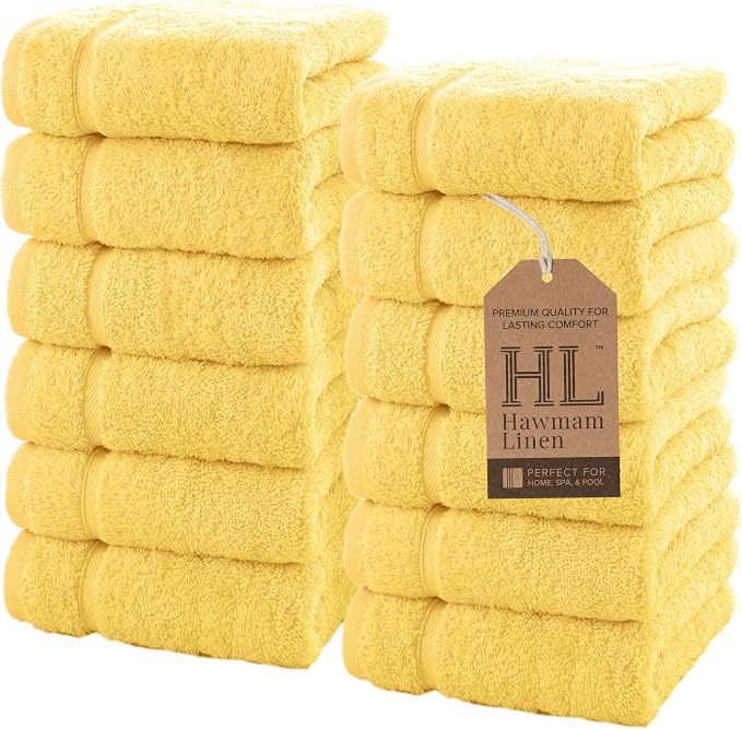 Hawmam Linen Luxury Cotton Washcloths 13x13 Inch - Large Hotel Spa Bathroom Face Towel | 12 Pack | Yellow