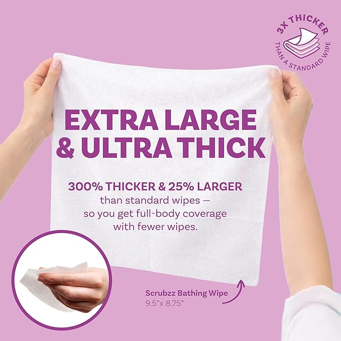 Extra Large Bath Wipes for Adults Bathing No Rinse - 80 Ultra Thick Disposable Body Cleansing Wipes for Men, Women & Elderly - Great for Gym, Camping, Post Surgery - Lavender