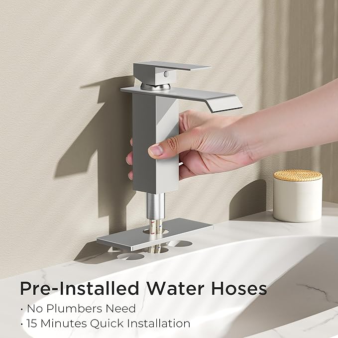 FORIOUS Bathroom Faucet Brushd Nickel Modern Waterfall Bathroom Sink Faucet 1 or 3 Hole Single Handle with Deck Plate and Drain, Suitable for Vanity Rv Camper Commerical