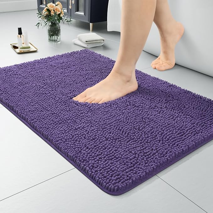 LOCHAS Luxury Bathroom Rug Shaggy Bath Mat 24 x 17 Inch, Dark Purple | Washable Non Slip Bath Rugs for Bathroom Shower, Soft Plush Chenille Absorbent Carpets