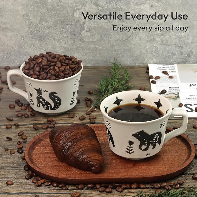 11 oz Ceramic Coffee Mug, Stoneware Teacup with Handle | Small Novelty Unique Cup for Tea Mocha Latte Cappuccino, Microwave Dishwasher Safe (Set of 4, Fox and Bear)