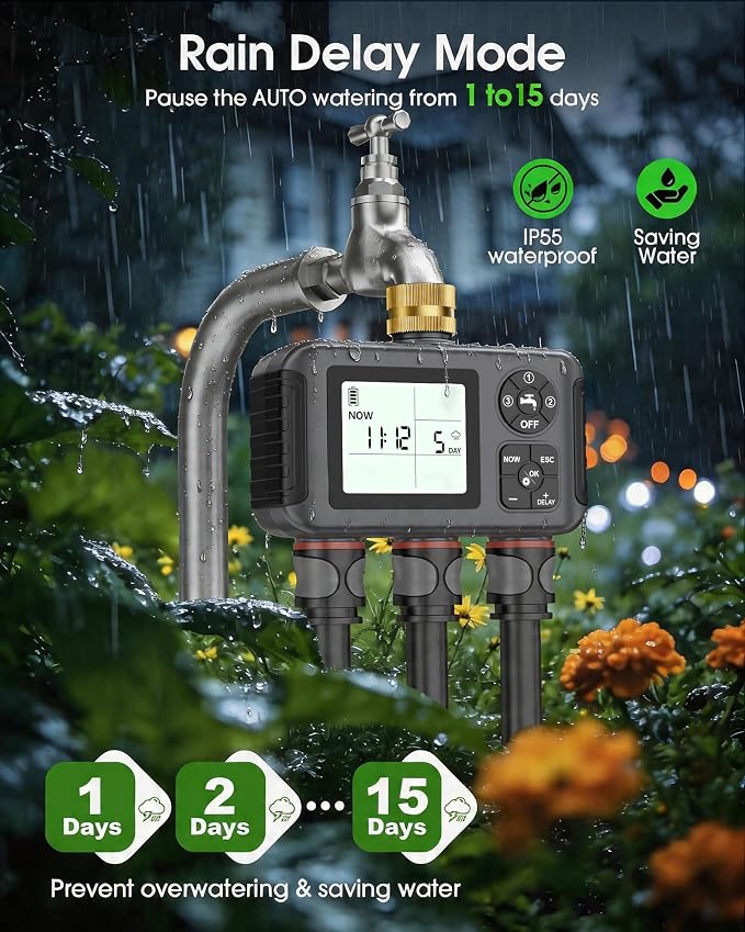 Insoma Water Timer with Brass Inlet, 3 Independent Zones Outdoor Hose Timer for Garden Faucet with Auto/Manual/Rain Delay Mode, IPX5 Waterproof, Sprinkler Irrigation Controller for Yard Lawn