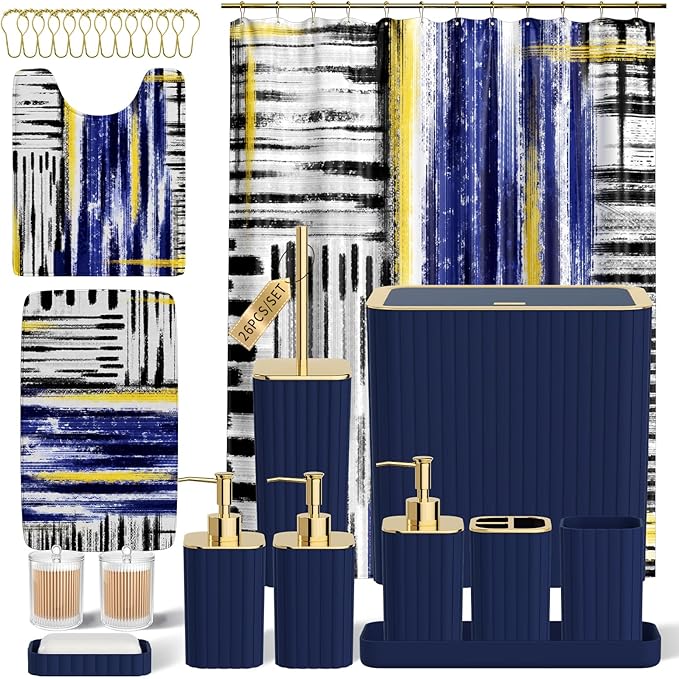 Bathroom Set - Bathroom Accessory Set, Navy Blue Bathroom Set, 26PC Bathroom Sets with Shower Curtain and Rugs, Toilet Brush, Trash Can, Qtip Holder & Bathroom Soap Dispenser Set