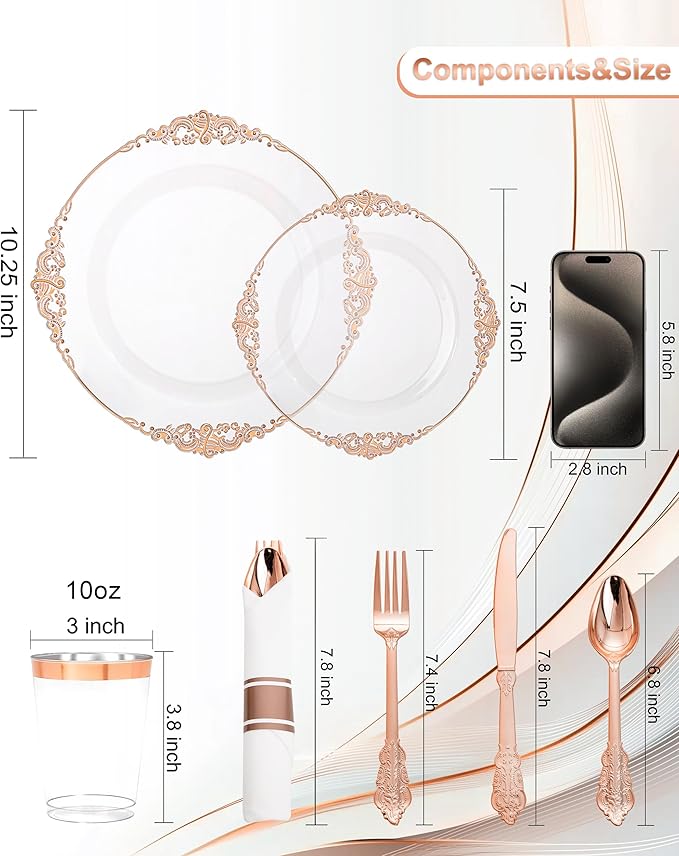 Nervure 350PCS Rose Gold Plastic Plates - Rose Gold Plastic Dinnerware Sets for 50 Guests - 100 Disposable Plates, 150 Silverware, 50 Cups, 50 Napkins Perfect for Wedding & Party