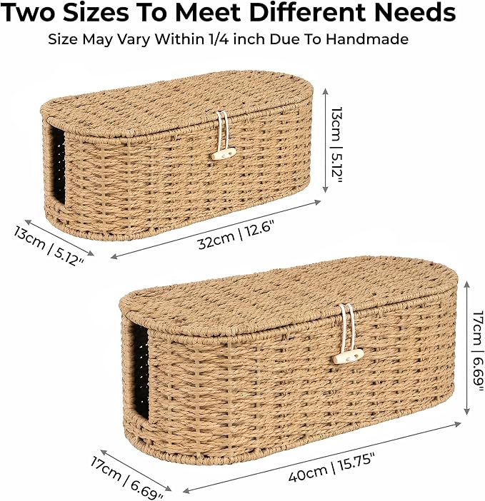 Set of 2 Cable Management Box, Handwoven Paper Rope Cord Hider Organizer Boxes with 3 Side Open Slots, Cable Organizer Box to Hide Cords Power Strip, USB Hub, TV Wires for Home, Office
