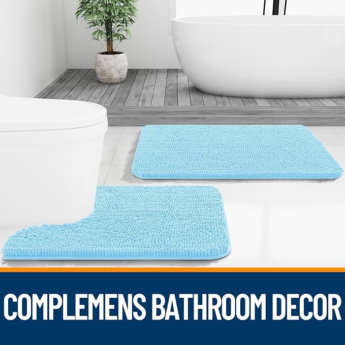OLANLY Bathroom Runner Rugs 47x17, Soft Absorbent Chenille Bath Rugs, Rubber Backing Quick Dry, Machine Washable Long Bath Mats for Bathroom Floor, Tub and Shower, Home Decor Accessories, Sky Blue