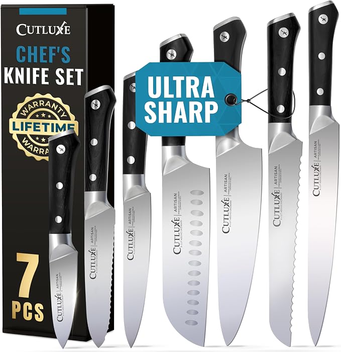 Cutluxe Chef Knife Set, 7-Piece Kitchen Knives – Razor Sharp German Steel | Professional Full Tang Blades with Ergonomic Handles – Artisan Series, Forged High Carbon