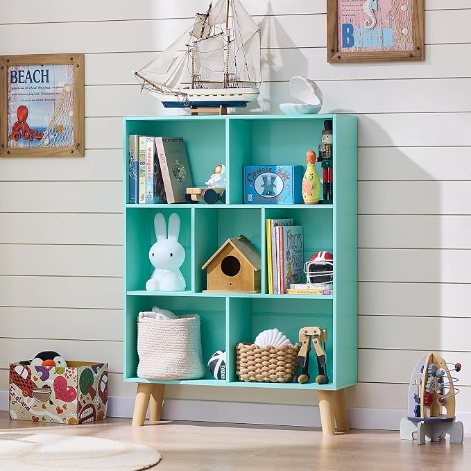 LEYAOYAO Cube Bookshelf, Mid-Century Modern Book Shelf with Legs, Green | 3 Tier Bookcase, Rustic Wood Bookshelves Freestanding Small Storage Organizer, Open Shelves for Bedroom, Living Room, Office