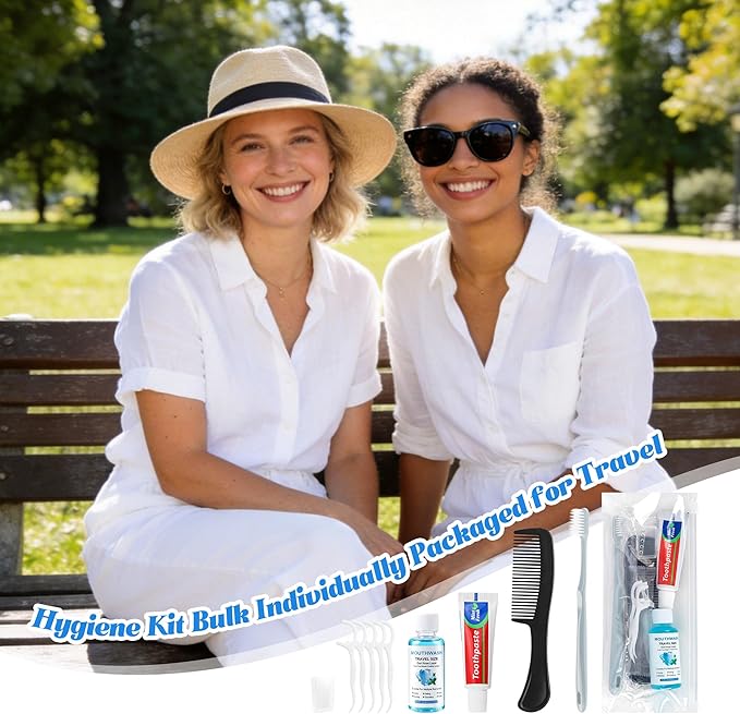 Travel Toothbrush Kit Bulk, Hygiene Kit Bulk with Toothbrush Toothpaste Set, Floss Picks, Comb, Travel Mouthwash, Toothbrush Cover, Individually Packaged, for Travel, Hotels (50-Pack)