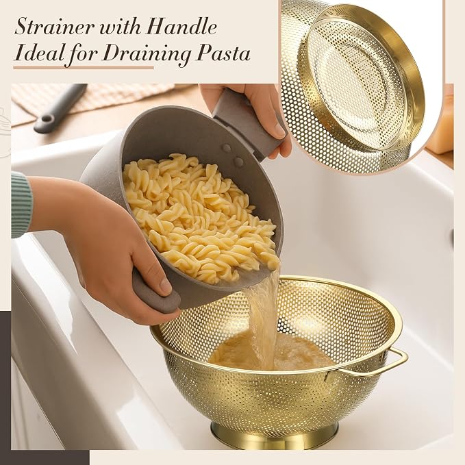LemonRoad Gold Kitchen Accessories Set Includes 4 Quart Stainless Steel Colander, 3 Qt 5 Qt Gold Mixing Bowls with Airtight Lids, 1 Set Stainless Steel Measuring Cups and Spoons and Fine Mesh Strainer