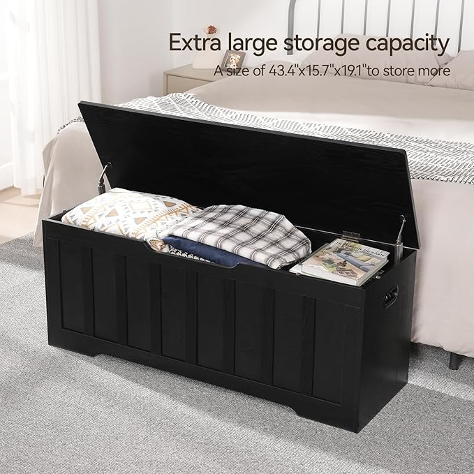VANKILEY 47.2" Storage Chest Extra Large,Storage Trunk with 2 Safety Hinges,Wooden Storage Bench,Shoe Bench,47.2x15.7x19.1 Inch,Easy Assembly,Storage Bench for Bedroom,Living Room,entryway(Black).