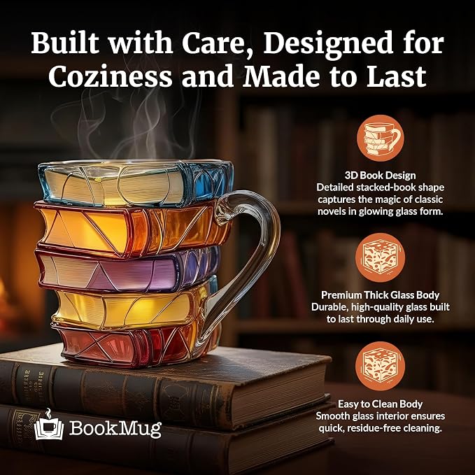 Book Mug Chapter Glass 3D Book Mugs Stained Glass Cup Gift for Women 7oz | Artistic Reading Coffee Cup with Stack Design, Unique Literary Birthday & Friendship Gifts for Women, Friends, Readers