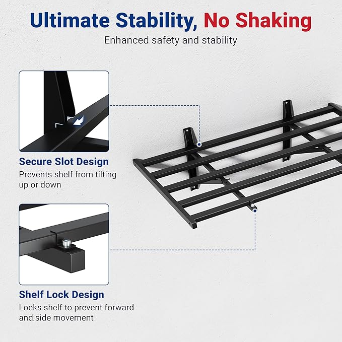 FLEXIMOUNTS 2x4ft Heavy Duty Garage Wall Shelving, 4-Pack Garage Shelving Wall Mounted with 8 Hooks, 400lbs Capacity, Storage for Power Tools, Garden Supplies, Storage Bins, Lite Series