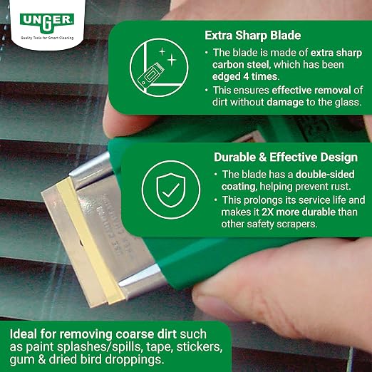 Unger SR040CT Safety Scrapers, Green, 50-Count Pack | Green color-coded for safety; protective blade cover included; ideal for paint & adhesive removal