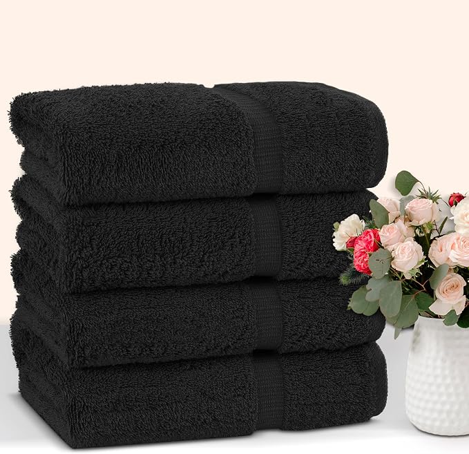 Chakir Turkish Linens 4 Piece Large Bath Towels, 100% Cotton Turkish Towels for Bathroom, Luxury Soft Absorbent Bath Towel Set, 27 x 54 Inches, Black