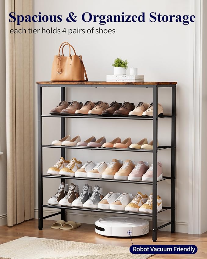 Kitsure Shoe Rack for Closet, Rustic Brown Shoe Organizer with Leveling Feet, Sturdy & Rust-Proof Shoe Storage for Entryway, Bedroom, Living Room, 29.5" x 11.4" x 31.2", Brown