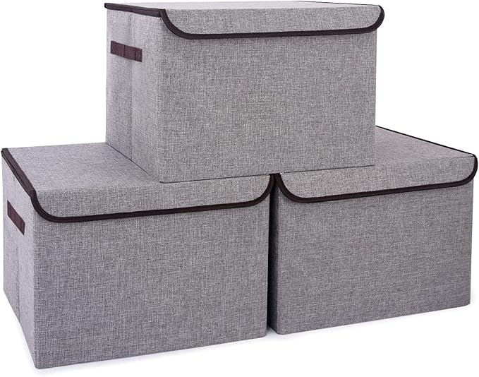 Bagnizer Large 17" 42 Quarts Collapsible Stackable Storage Bins with Lids [3-Pack] Foldable Fabric Linen Storage Boxes Cube, Closet Organizer Baskets with Label for Home (16.7 x 12 x 12, Gray)