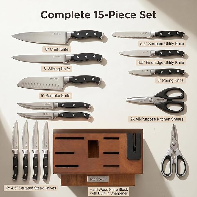 McCook Kitchen Knife Set 15PC Knife Block Set w Built-in Sharpener | German Forged Stainless Steel,Razor Sharp,Non-Stick&Anti-Rust,Triple Rivet,Ergonomic Handles,Full Tang,Gift Box
