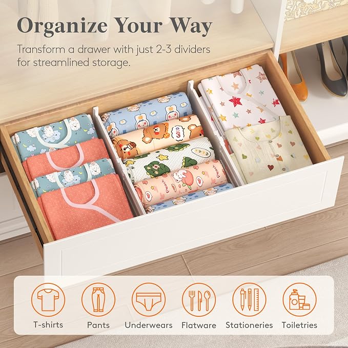 Lifewit 5" High 5 Pack Drawer Dividers, 11.5"-18.5" Adjustable Deep Drawer Organizer Clothes, Expandable White Plastic Separators for Dresser, Kitchen, Cabinet, Nursery, Office Organization & Storage