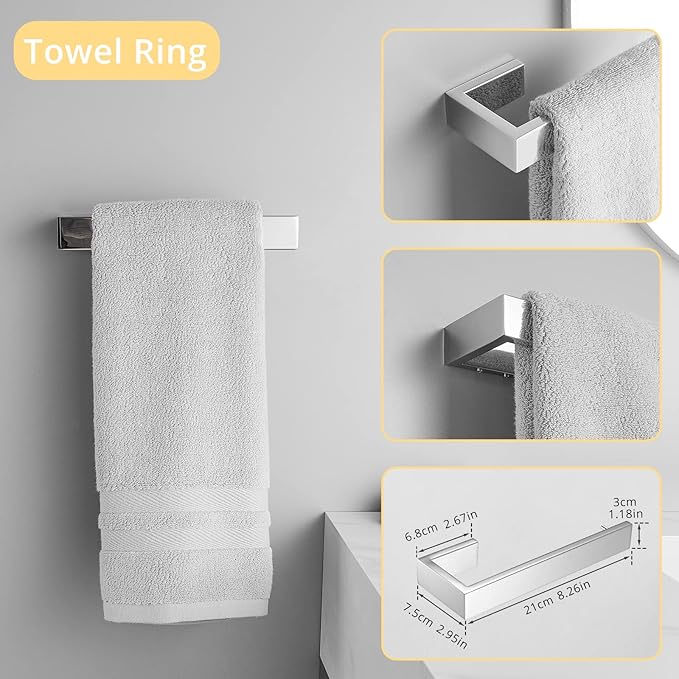 Fapully 23.6-Inch 6 Piece Bathroom Hardware Accessories Set Stainless Steel Wall Mounted Chrome Include Towel Bar,Hand Towel Holder,Toilet Paper Holder,Robe Towel Hook,Coat Hook,Towel bar Set.