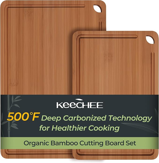 Keechee Carbonized Bamboo Cutting Board Set of 2, Wood Kitchen Boards | Deep juice grooves, built-in handles, 2 sizes for raw meat and vegetable separation, daily prep