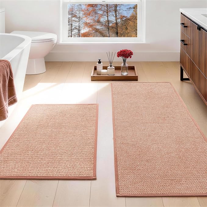 YIHOUSE Pink Bathroom Rugs Sets 2 Piece, Quick Dry Thin Bath Mat, Non Slip Absorbent Machine Washable, Bath Runner Rug for Bathtub Sink Home Decor (17"x24" + 17"x47")