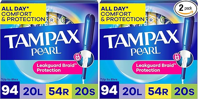 Tampax Pearl Tampons Multipack, Light/Regular/Super Absorbency, with Leakguard Braid, Unscented, 94 Count (Pack of 2)