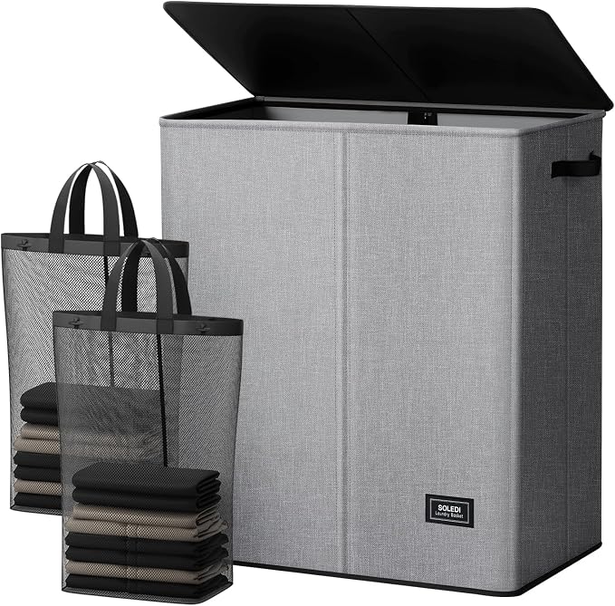 SOLEDI Double Laundry Basket with Lid and Removable bag, Large Laundry Hamper 2 Section with handles, Collapsible Dirty Clothes Hampers for Laundry, Bedroom, Dorm, College