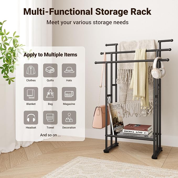 ELYKEN 3 Tier Freestanding Towel Rack with Shelf, 40" H Towel Stand, Black | Metal Drying Rack for Oversized Bath Towels & Blankets, 4 Hooks, Indoor & Outdoor Use, Fits Bathroom, Tub, Shower, Poolside