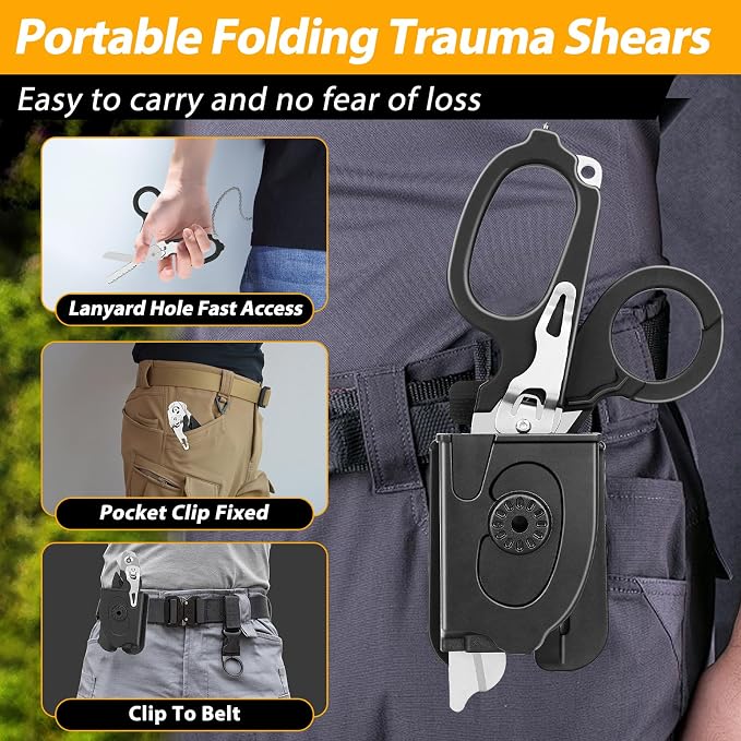 Lenporl Foldable Trauma Shears with Compatible Holster, Emergency Shears with Strap Cutter and Glass Breaker for Outdoor Camping Emergency Scissors Tools Black