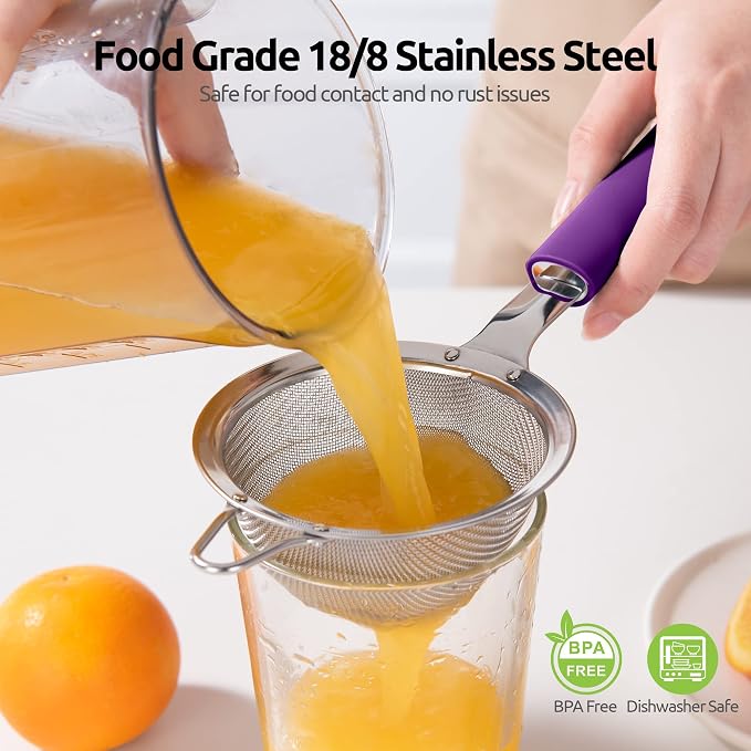 U-Taste 10 Piece Measuring Cups and Spoons Set in 18/8 Stainless Steel, and 18/8 Stainless Steel 3.9 inch 30 Mesh Strainer (Purple)