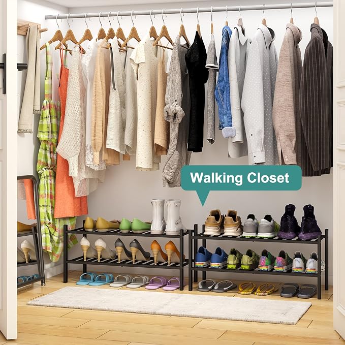 viewcare 2-Tier Black Bamboo Shoe Rack for Entryway, Stackable | Foldable | Natural, Shoe Shelf Storage Organizer for Hallway Closet, Free Standing Shoe Racks for Indoor Outdoor