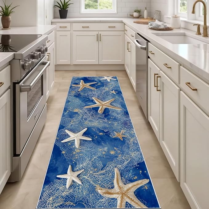 Watercolor Sea Hallway Runner Rug 4x10 - Starfish Washable Non Slip Runners Rug, Seaside Fishing Net Soft Low Pile Ktichen Rugs for Entrance Corridor Living Room Bedroom
