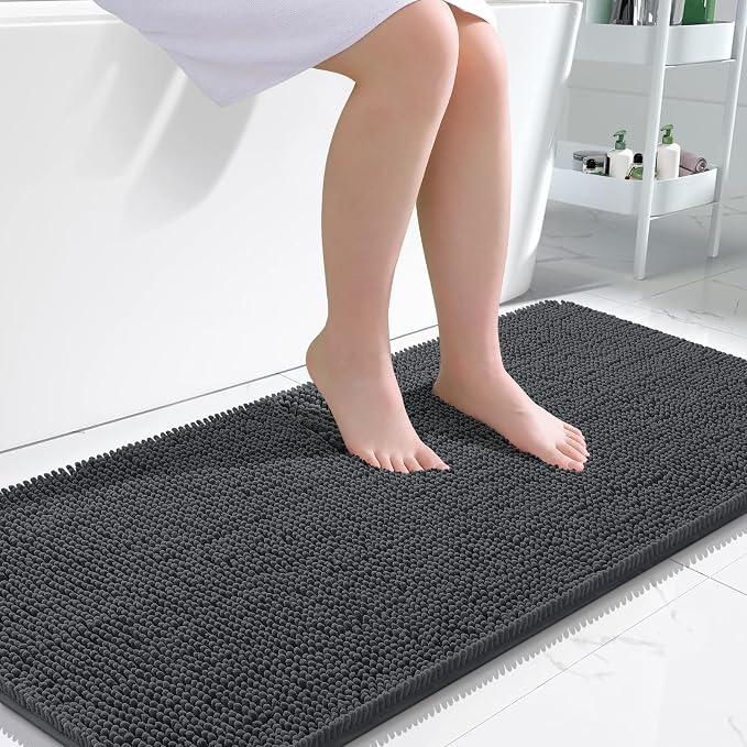 OLANLY Bathroom Runner Rugs 47x24, Soft Absorbent Chenille Bath Rugs, Rubber Backing Quick Dry, Machine Washable Long Bath Mats for Bathroom Floor, Tub and Shower, Home Decor Accessories, Dark Grey